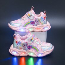 (Pink P, 24-Insole 14.9 cm) Led Lights Girls' Shoes Autumn Mesh Breathable Shoes Frozen Leather Girls' Sports Purple Pink Princess Shoes