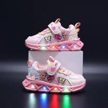 (Pink, 22-Insole 14.2 cm) LED Casual Sneakers For Spring Girls Frozen Elsa Princess Print Pu Leather Shoes Children Lighted Non-slip