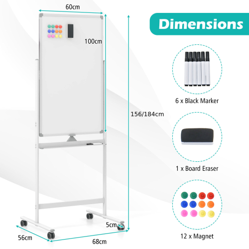 Casart Double-Sided Magnetic Rolling Erase Board Mobile Whiteboard AdjustableW/ Marker 2