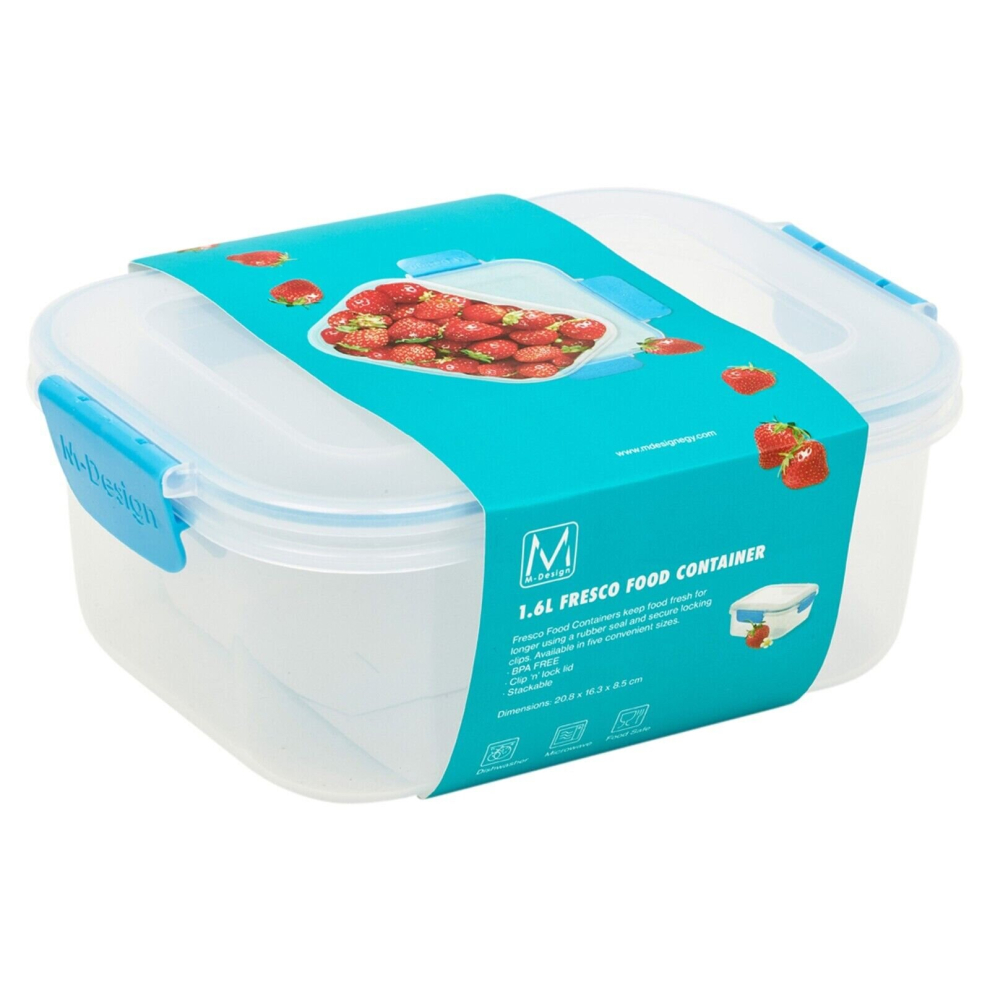 Urbn-Chef ( 1.6L, ) Set Of 6 Food Plastic Storage Container Airtight Seal Clip & Lock Lid Dishwasher Safe Blue
