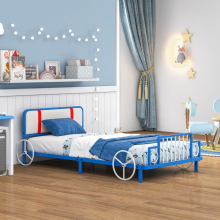 Single Size Kid's Bed Frame Car Shaped Metal Bed Base w/Upholstered Headboard