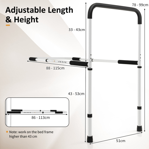 Costway Bed Assist Rail Adjustable Bedside Standing Bar Fall Prevention Safety Hand Bar 2