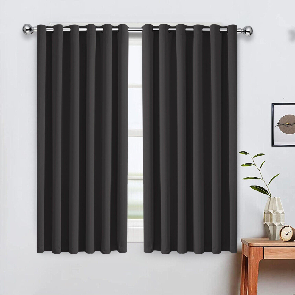 (Dark Grey, 46" x 54") Blackout Eyelet Curtains Pair Luxury Insulated Heavy Thermal Ring Top Ready Made Window Curtain Panel Free Tieback