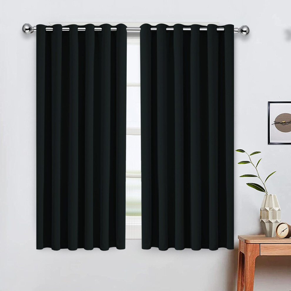 (Black, 46" x 54") Blackout Eyelet Curtains Pair Luxury Insulated Heavy Thermal Ring Top Ready Made Window Curtain Panel Free Tieback