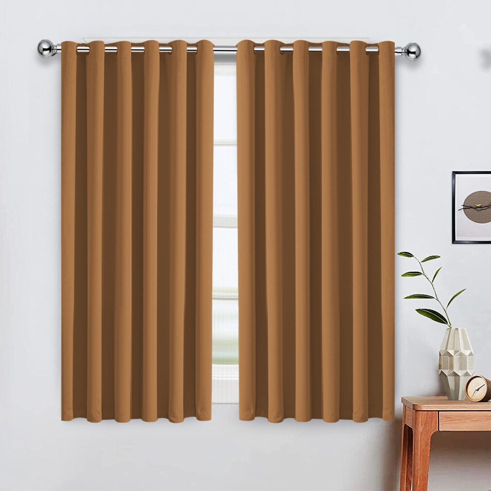 (Beige, 46" x 54") Blackout Eyelet Curtains Pair Luxury Insulated Heavy Thermal Ring Top Ready Made Window Curtain Panel Free Tieback