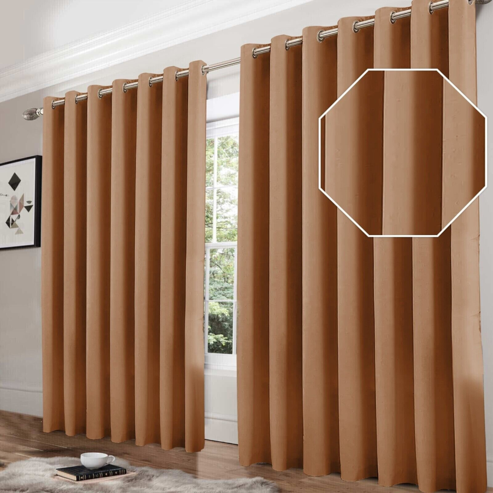 (Beige, 90" x 90") Blackout Eyelet Curtains Pair Luxury Insulated Heavy Thermal Ring Top Ready Made Window Curtain Panel Free Tieback