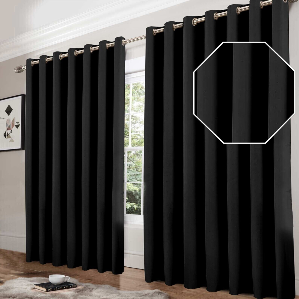 (Black, 90" x 90") Blackout Eyelet Curtains Pair Luxury Insulated Heavy Thermal Ring Top Ready Made Window Curtain Panel Free Tieback