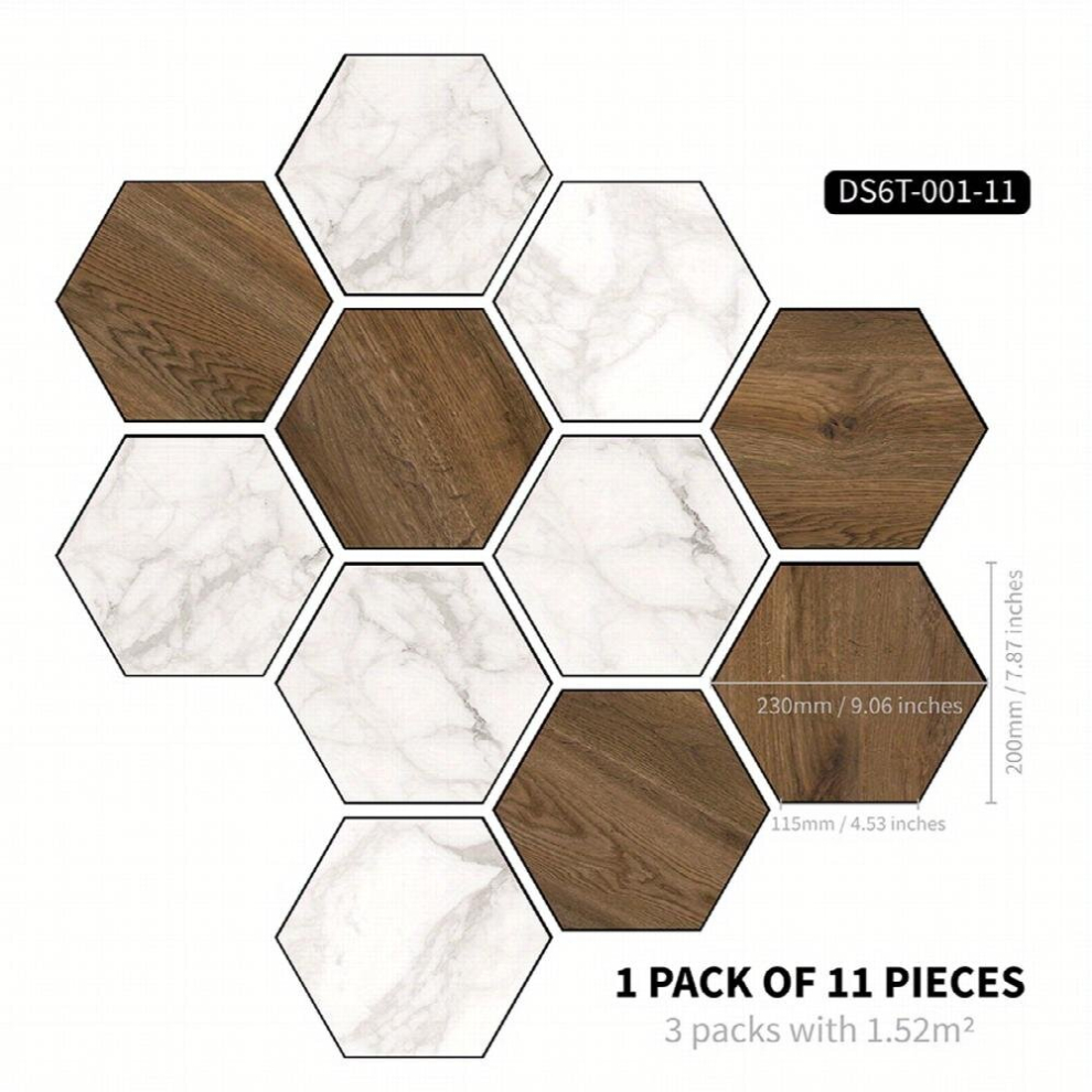 11Pcs Marble Wood Grain Self Adhesive Hexagon Floor Stickers Waterproof Non Slip Home Decoration Hexagonal Art Splicing Tile Stickers 23 01X19 885680864599