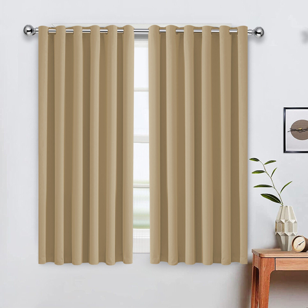 (Cream, 66" x 54") Blackout Eyelet Curtains Pair Luxury Insulated Heavy Thermal Ring Top Ready Made Window Curtain Panel Free Tieback