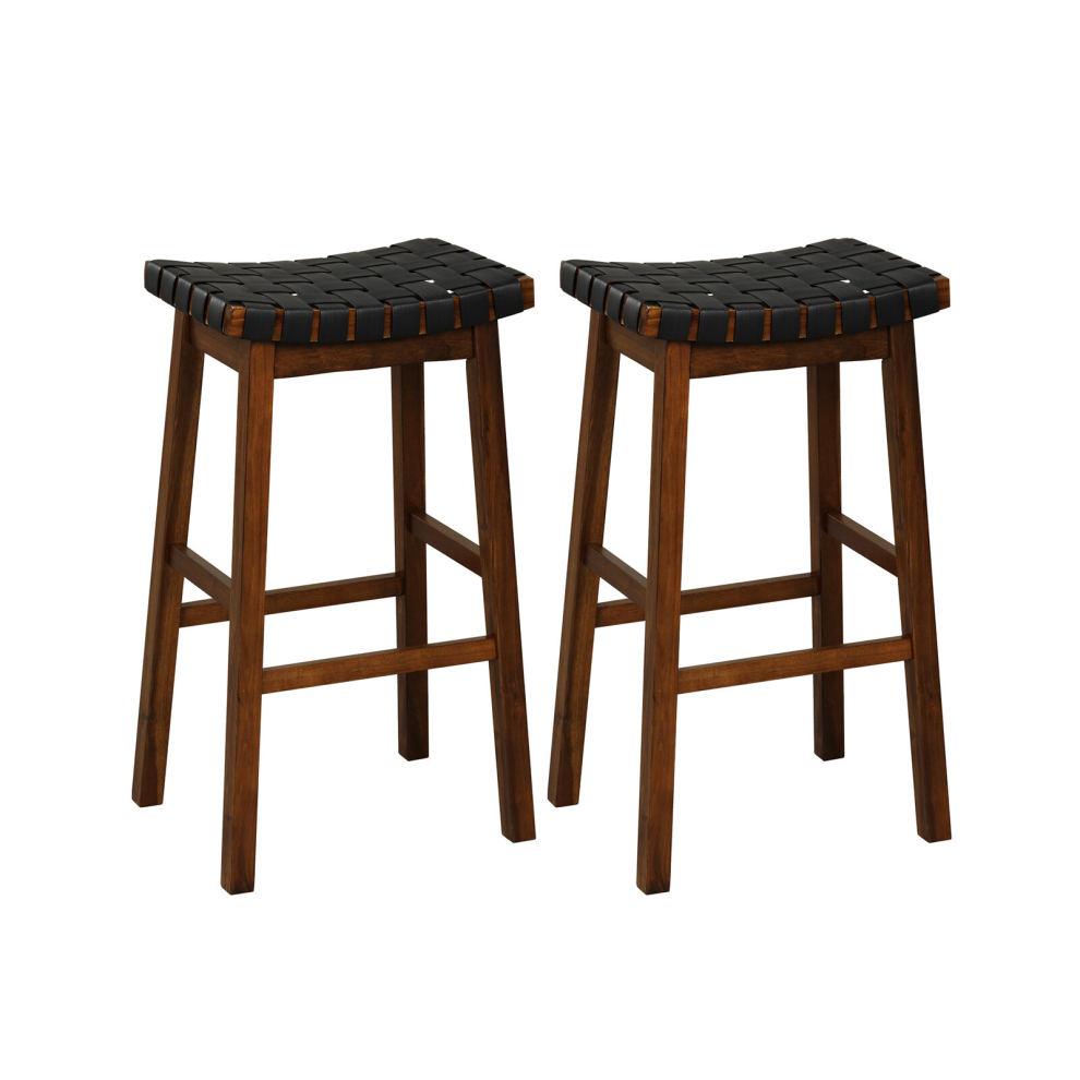 Set of 2 Woven Saddle Stools Faux PU Leather Counter Height Stools 78cm Barstool