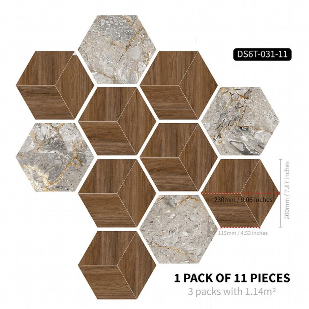 11Pcs Marble Wood Grain Mixed Pattern Printing 3D Stereo Vision Frosted Floor Sticker Hexagonal Waterproof Anti Skid Tile Sticker Home Decor Hexagon A 885680872020