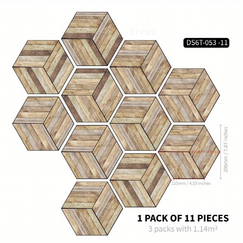 11Pcs Wood Grain Printing Hexagonal Floor Stickers Waterproof And Anti Slip Home Decoration Hexagonal Art Splicing Self Adhesive Ceramic Tile Stickers 885680872525
