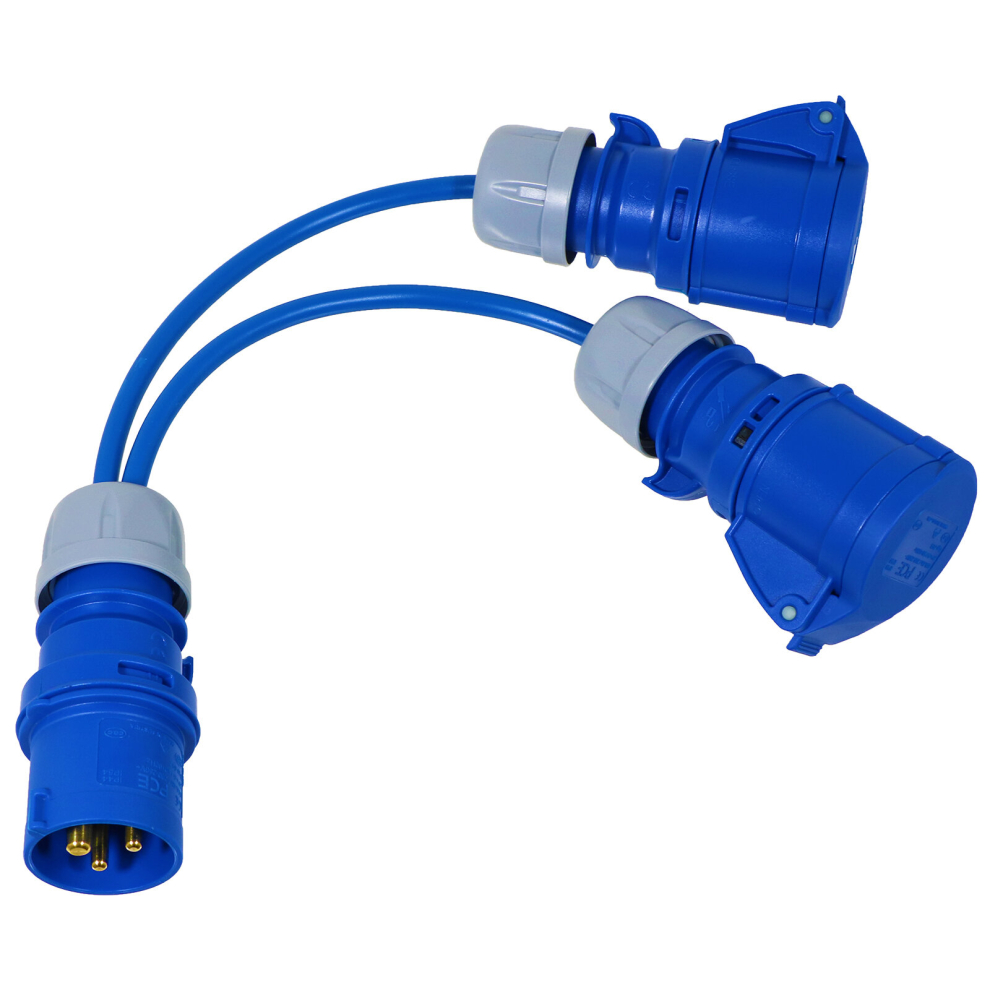 16A Splitter Cable 240V Caravan / Motorhome 2 Way Hook Up Y Piece 2 x 16 Amp Sockets (Blue)