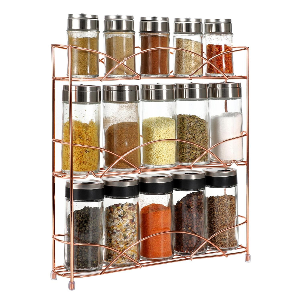 Spice Rack 3 Tiers - Kitchen Shelf Organiser for Jars Bottles Space Saving Storage - Free Standing - Rose Gold