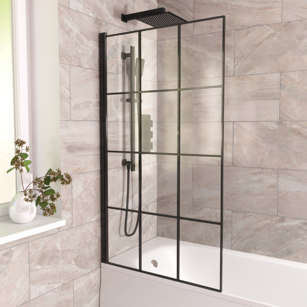 Nes Home Oaken 800Mm Square Bath Screen Black Profile With Grid Glass Reversible