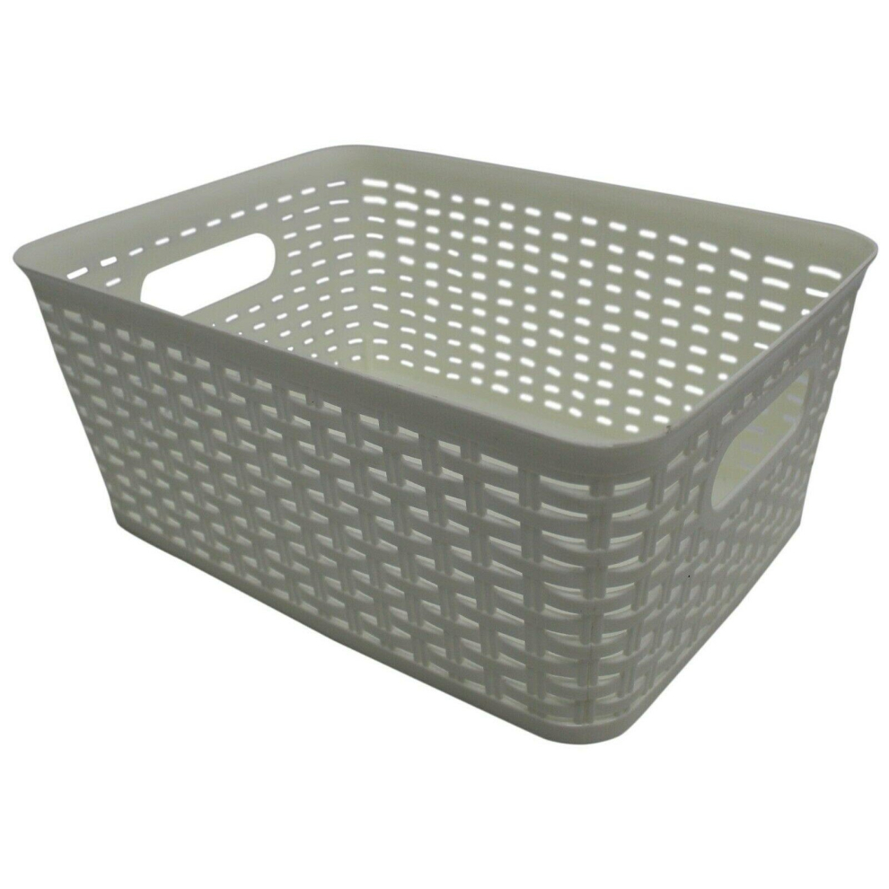 White Rattan Effect Storage Box | Plastic Stackable Basket with Handles