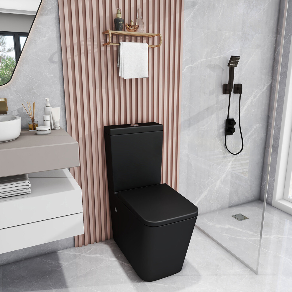 Modern Rimless Toilet Close Coupled Wc Dual Flush Cistern Soft Close Seat Black 9331924556795