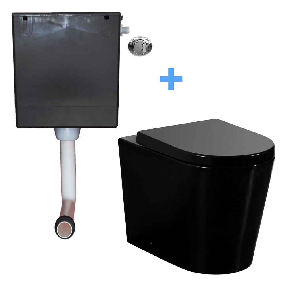 Rimless Back to Wall Toilet WC BTW Soft Close Seat Concealed Cistern Matt Black