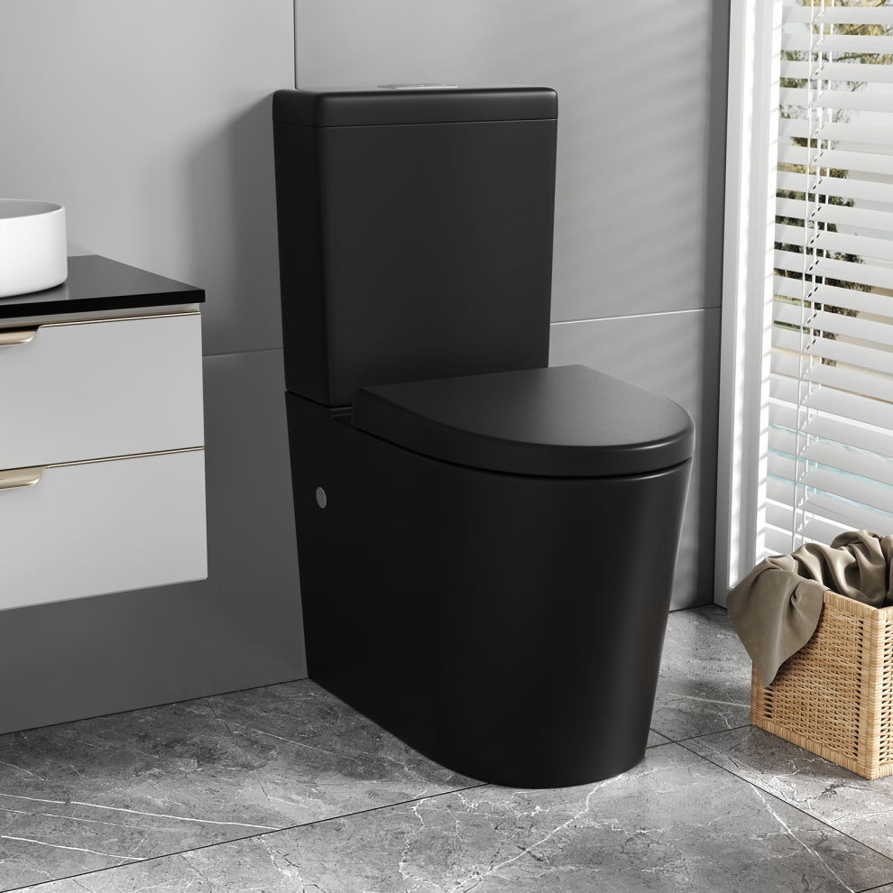 Robanmoa Rimless Close Coupled Toilet Wc Comfort Height Pan Cistern Soft Close Seat Black