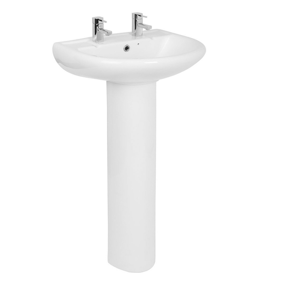 NRG Bathroom Cloakroom Full Pedestal 550mm Basin Compact Double Tap Hole Sink