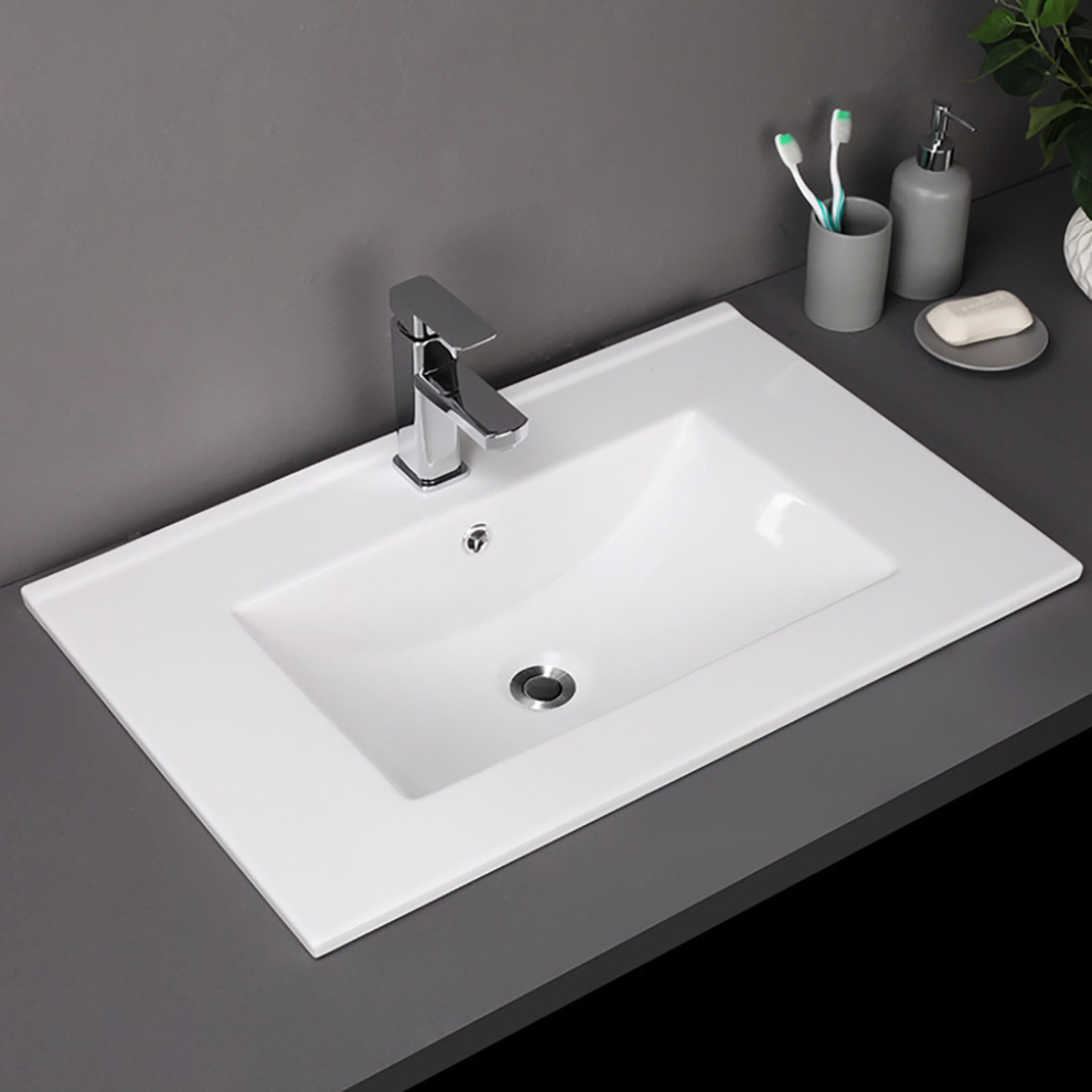 750mm Inset Bathroom Basin White Ceramic Modern Square Cabinet Mounted Sink Bowl