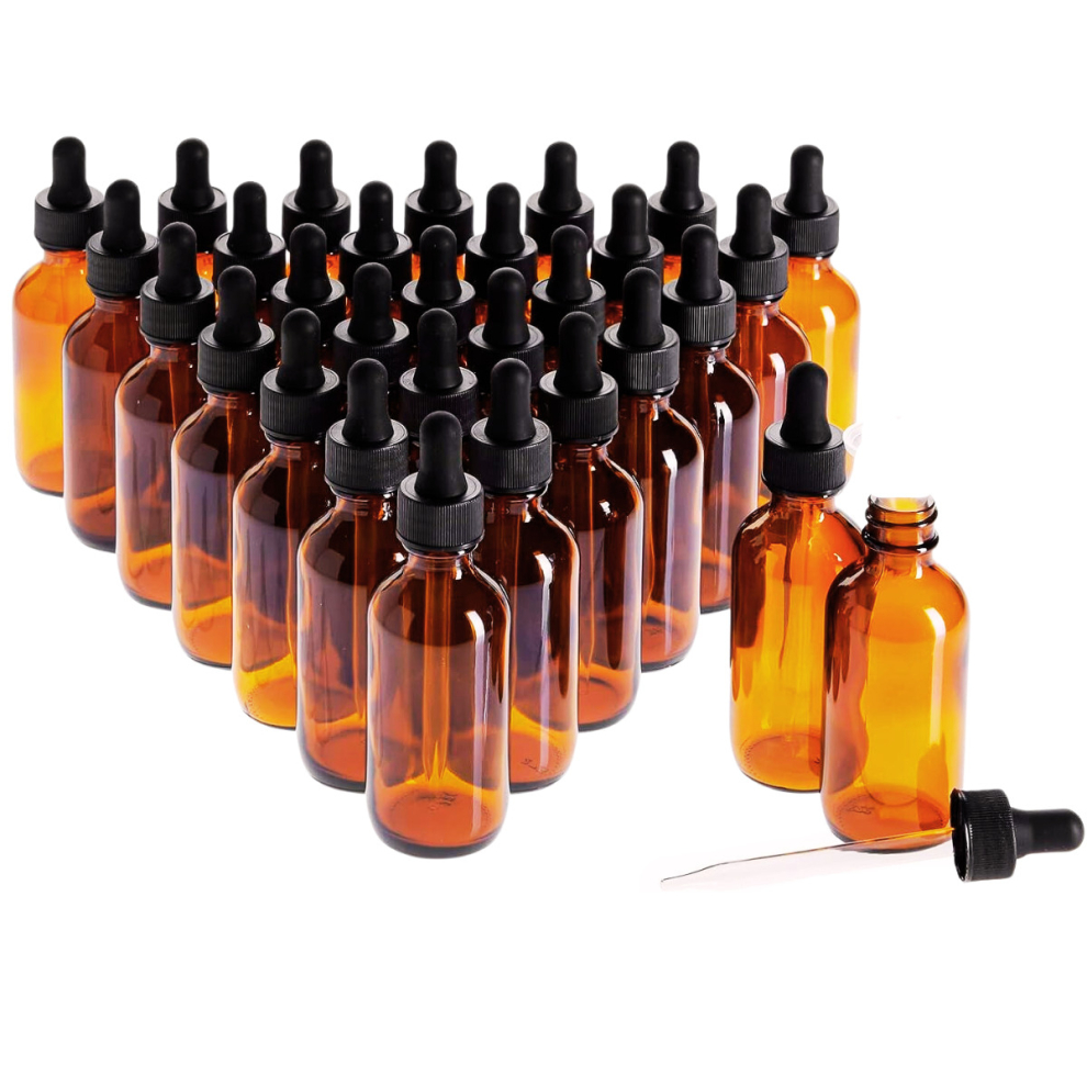 (1) ProTech 60ml Dropper Bottle, Refillable Amber Glass Bottles with Glass Pipette, For Essential Oils Perfumes Aromatherapy Massage