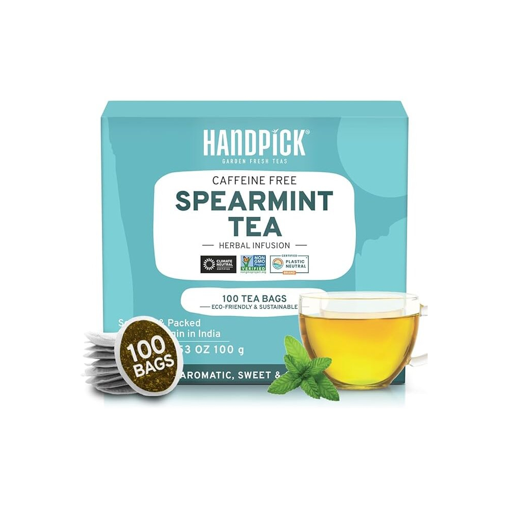 HANDPICK  Spearmint Tea Bags (100 Count) Non-GMO 100% Pure Spearmint Leaf Tea Bags Round Eco-Conscious Tea Bags