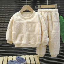 (henanBeige, 110cm) Children's Pajama Set Warm Autumn Winter Sleepwear for Kids Boys Girls Thickened Homewear Plush Baby Clothes Set 1-10years
