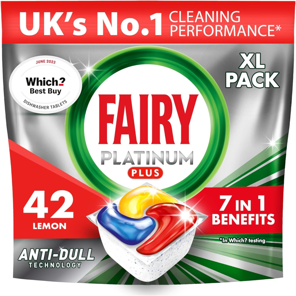 Fairy Platinum Plus All In 1 Dishwasher Tablets Bulk 42 Tablets Lemon With Anti Dull Technology & Rinse Aid Action