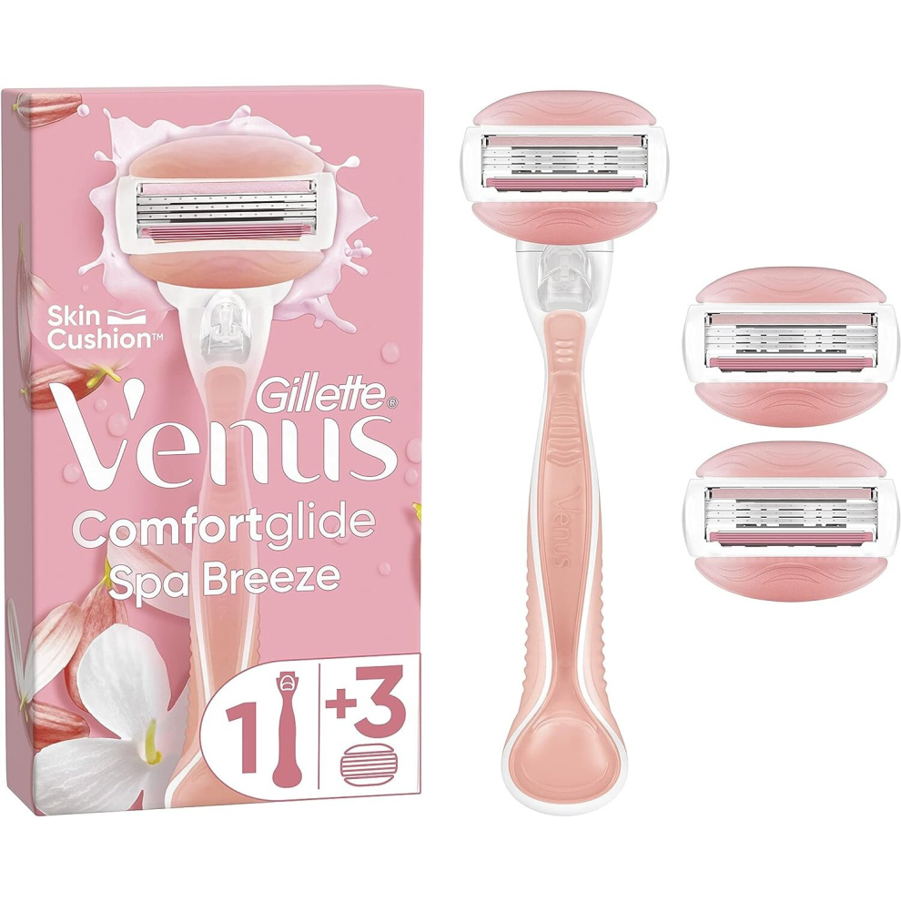 Gillette Venus ComfortGlide Spa Breeze Women's Razor +, 3 2-In-1 Razor Blade Refills, with Shaving Gel Bars (Packaging May Vary)