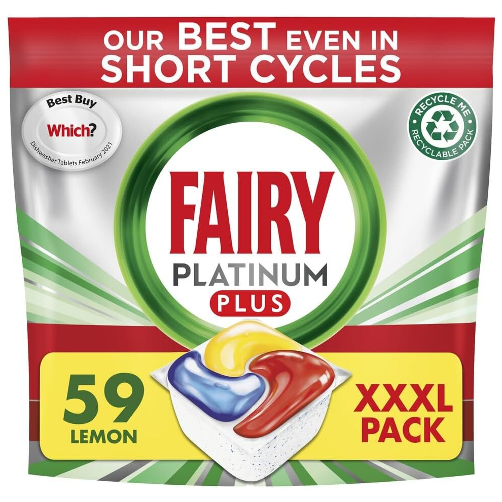 Fairy Platinum Plus All In 1 Dishwasher Tablets Bulk 59 Tablets Lemon XXL PACK With Anti Dull Technology & Rinse Aid Action