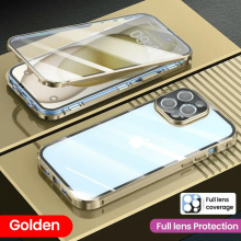 (For iPhone 11Pro Max, Golden) 360 Full Metal Magnetic Case For iPhone 15 14 13 12 11 Pro MAX Aluminum Bumper 15Pro Wireless Charger Tempered Glass Phone Cover