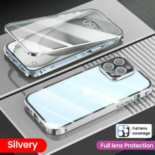 (For iPhone 11Pro Max, Silvery) 360 Full Metal Magnetic Case For iPhone 15 14 13 12 11 Pro MAX Aluminum Bumper 15Pro Wireless Charger Tempered Glass Phone Cover