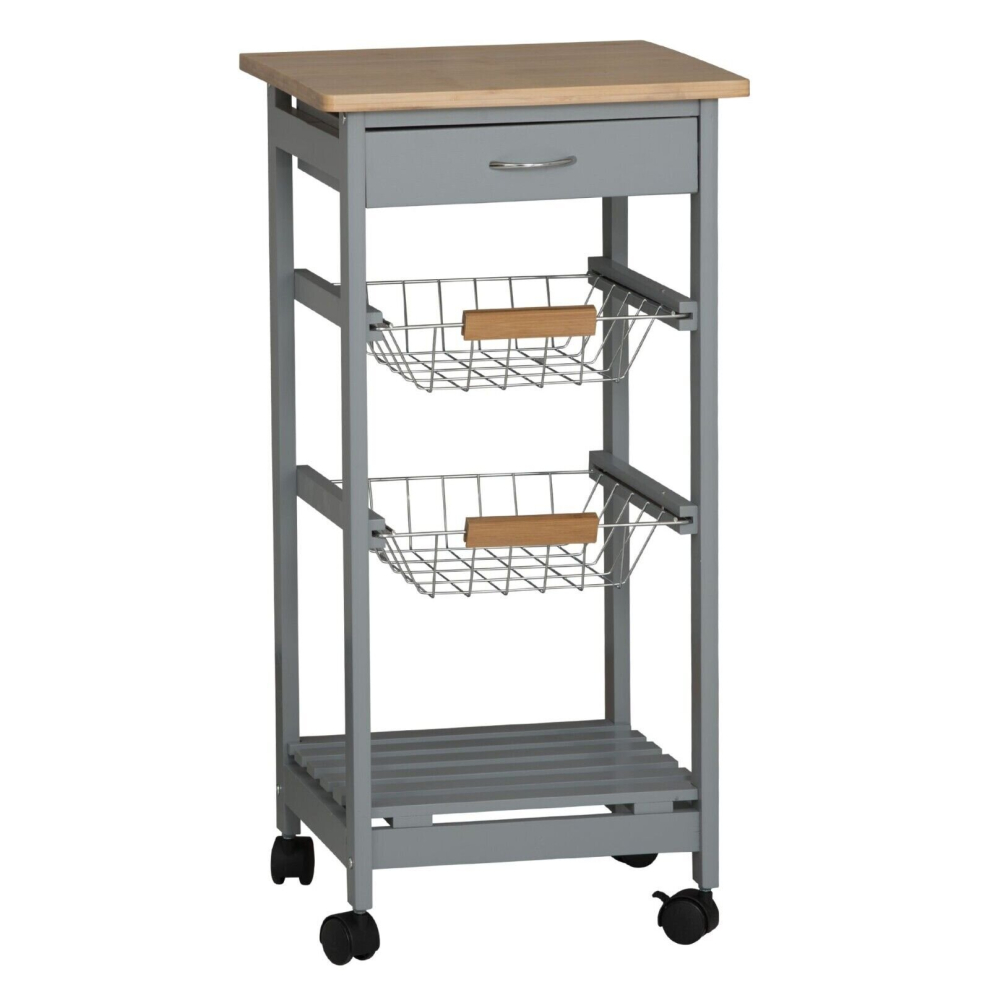 (  Grey) 3 Tier Portable Oasis Bamboo Top MDF Kitchen Trolley Drawer Shelf Cart on Wheels