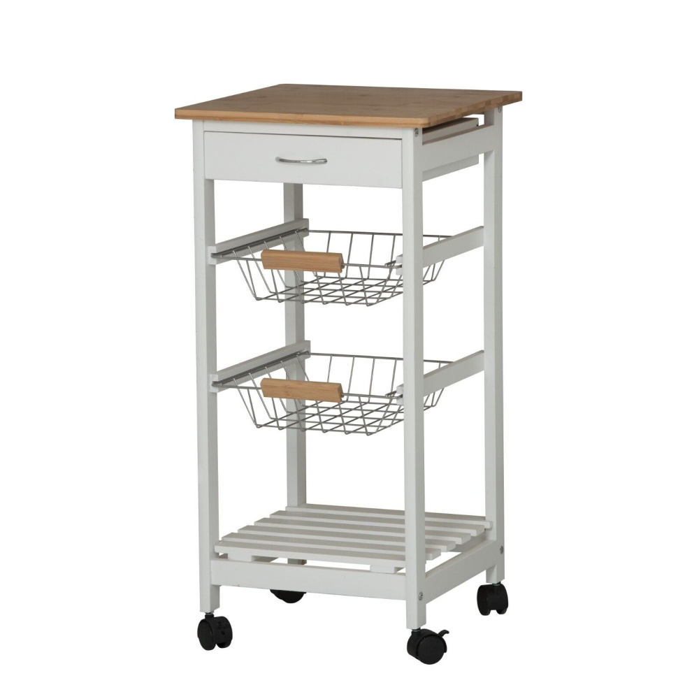 (  White) 3 Tier Portable Oasis Bamboo Top MDF Kitchen Trolley Drawer Shelf Cart on Wheels