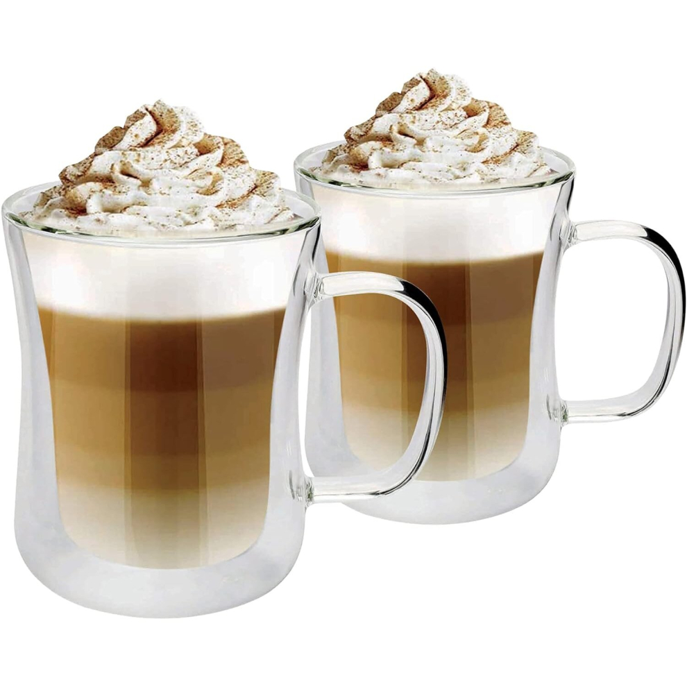 Summerlee Set of 2 Double Wall 350ml Latte Glass with Handles, Thermal Insulated Cups for Tea Coffee Latte Cappuccino Espresso Hot Chocolate and More