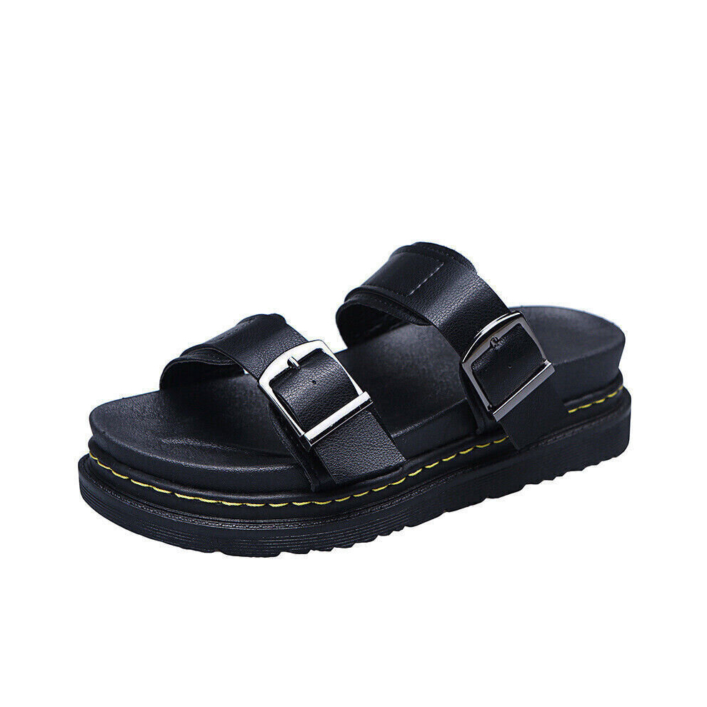 (Black, UK 7.5-8/EU 42) NEW WOMENS FLAT BUCKLE CHUNKY SANDALS LADIES FLATFORM SLIP ON SLIDERS SLIDES