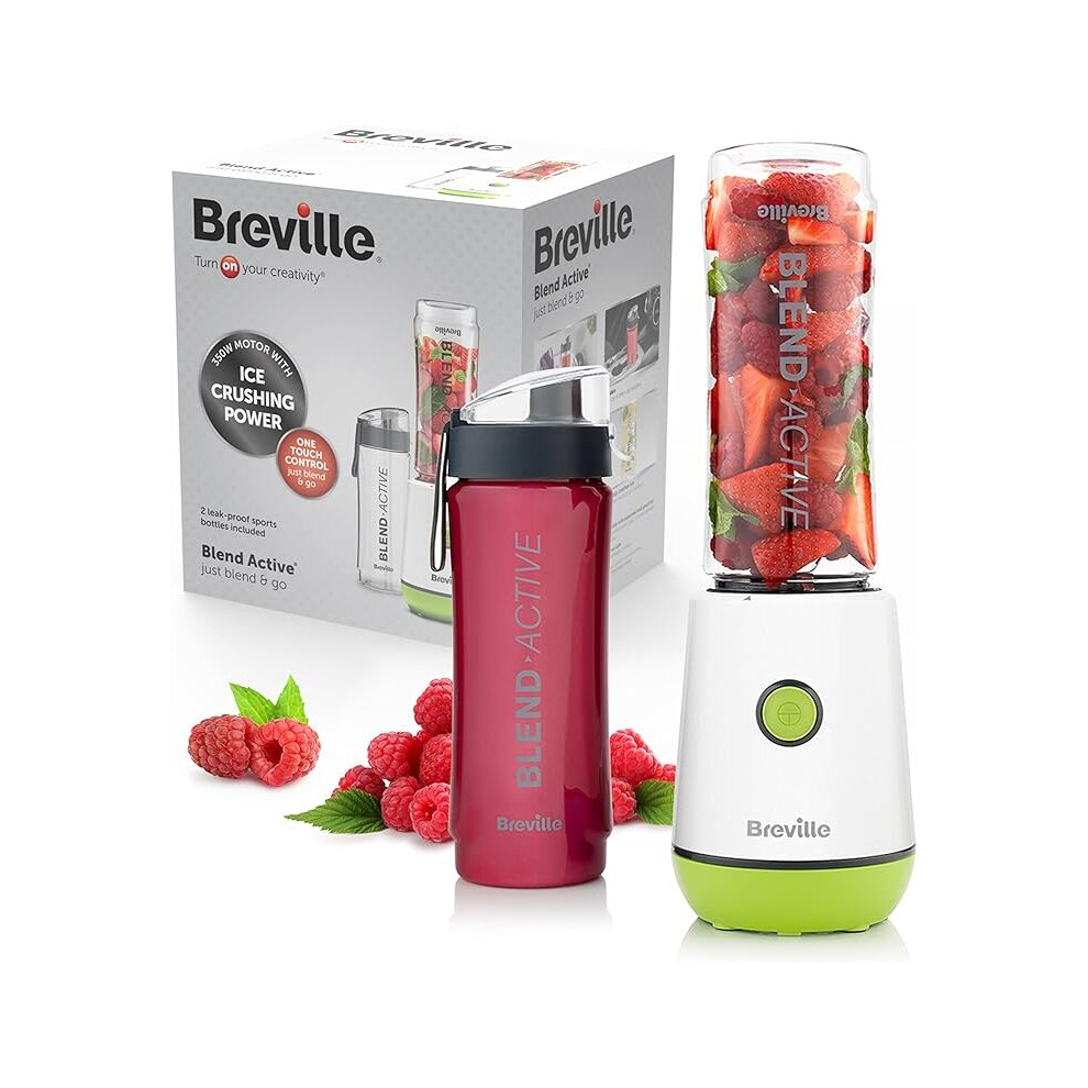 BREVILLE Blend Active Personal Blender/Smoothie Maker 2 Portable Blend Active Bottles (600ml) Leak Proof Lids White & Green