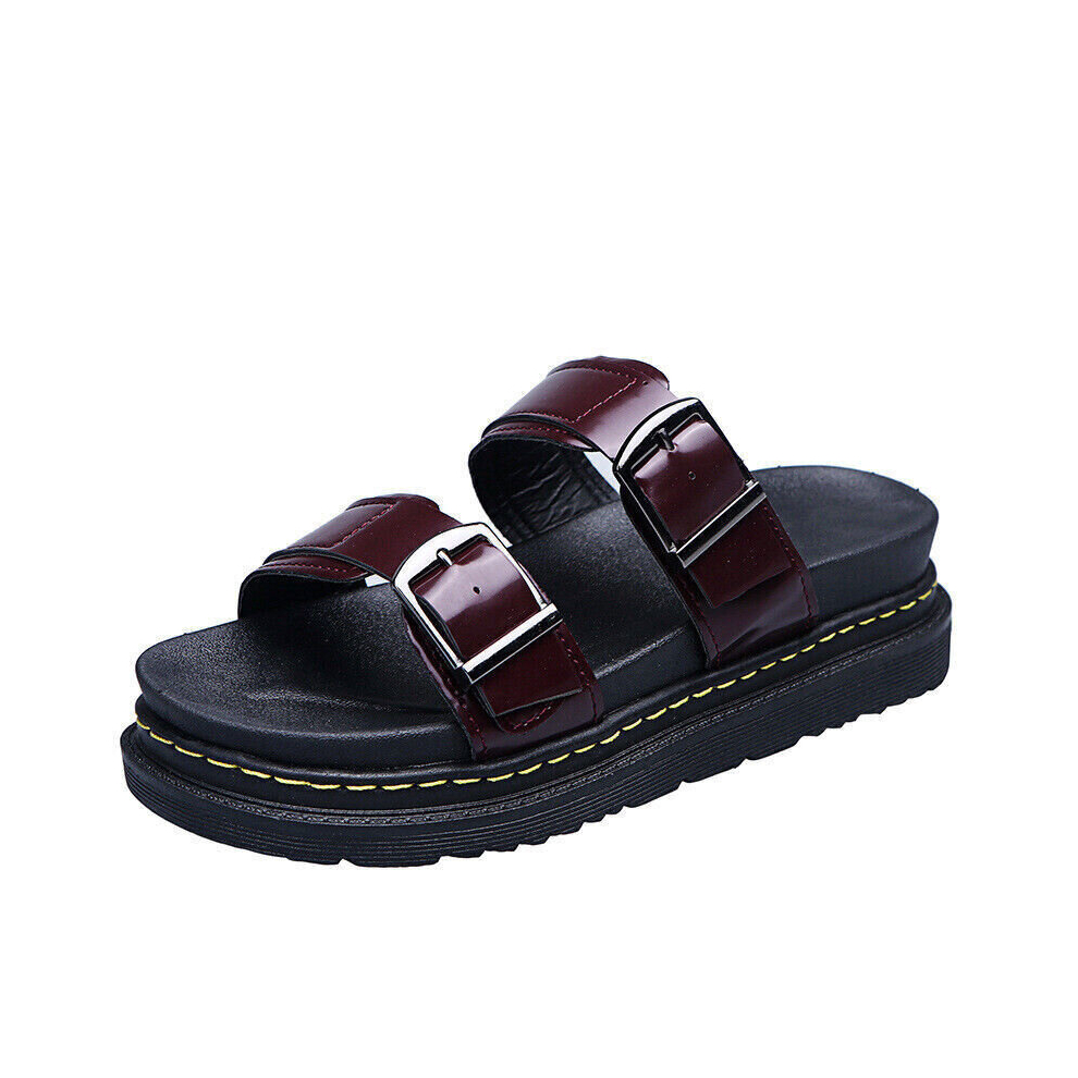 (Red Brown, UK 6/EU 39) NEW WOMENS FLAT BUCKLE CHUNKY SANDALS LADIES FLATFORM SLIP ON SLIDERS SLIDES