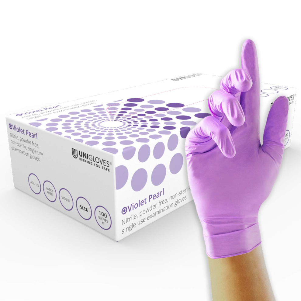 Unigloves Violet Pearl Nitrile GP0073 Examination - Multipurpose, Powder Free and Latex Free Disposable Gloves, Box of 100 Gloves, Violet, Medium