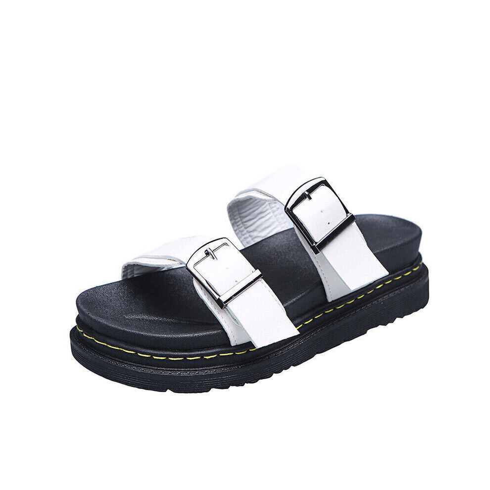 (White, UK 7/EU 41) NEW WOMENS FLAT BUCKLE CHUNKY SANDALS LADIES FLATFORM SLIP ON SLIDERS SLIDES