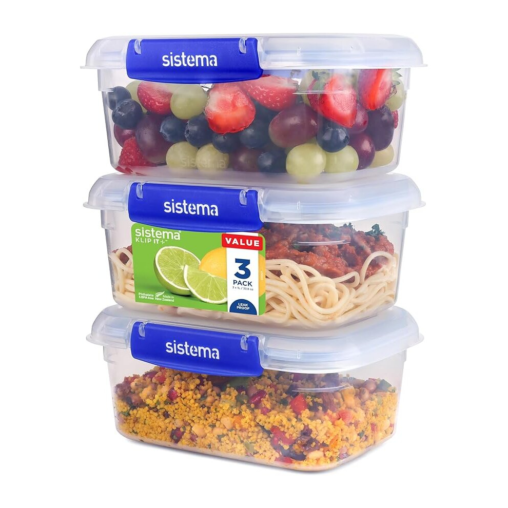 SISTEMA KLIP IT PLUS Food Storage Containers Leak-Proof Stackable/Airtight BPA-Free Plastic 3 Count Transparent Recyclable with TerraCycleÂ®  1 L