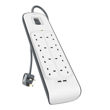Belkin Extension Lead with USB Slots x 2 2.4 A Shared, 8 Way/8 Plug Extension, 2m Surge Protected Power Strip - White