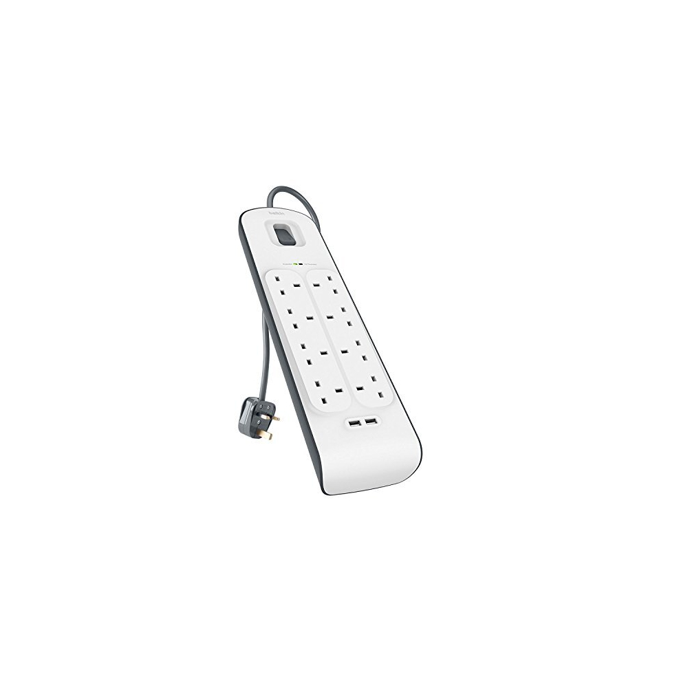 Belkin Extension Lead with USB Slots x 2 2.4 A Shared, 8 Way/8 Plug Extension, 2m Surge Protected Power Strip - White