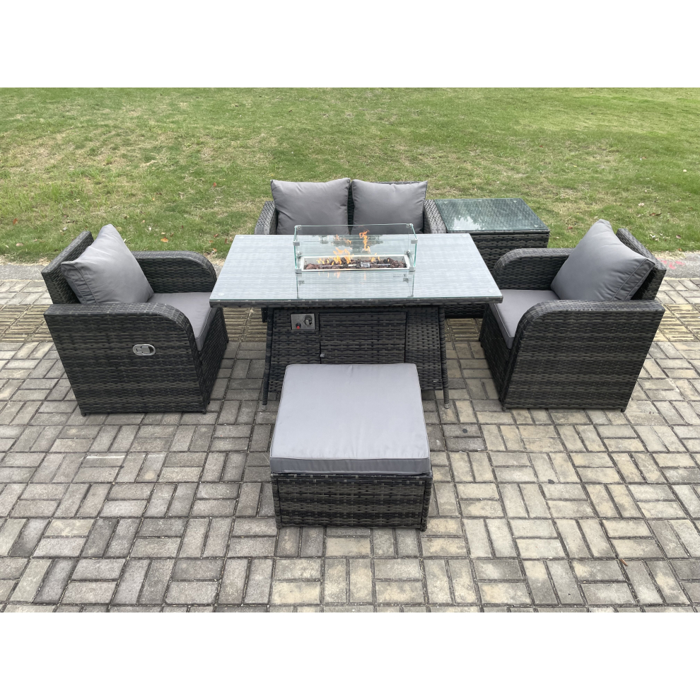 Fimous Rattan Outdoor Garden Furniture Set Gas Fire Pit Dining Table With Side Table Chair Loveseat Sofa Footstool