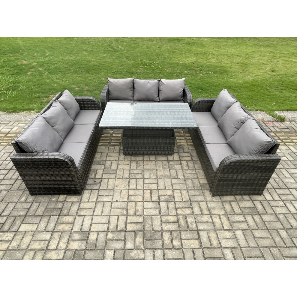 Fimous Patio Garden Dining Set Outdoor Rattan Furniture Lounge Sofa Height Adjustable Rising Lifting Table