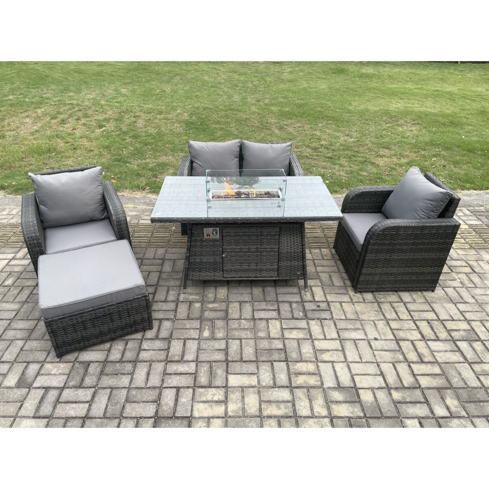 Fimous Rattan Outdoor Garden Furniture Set Gas Fire Pit Dining Table With Chair Loveseat Sofa Footstool