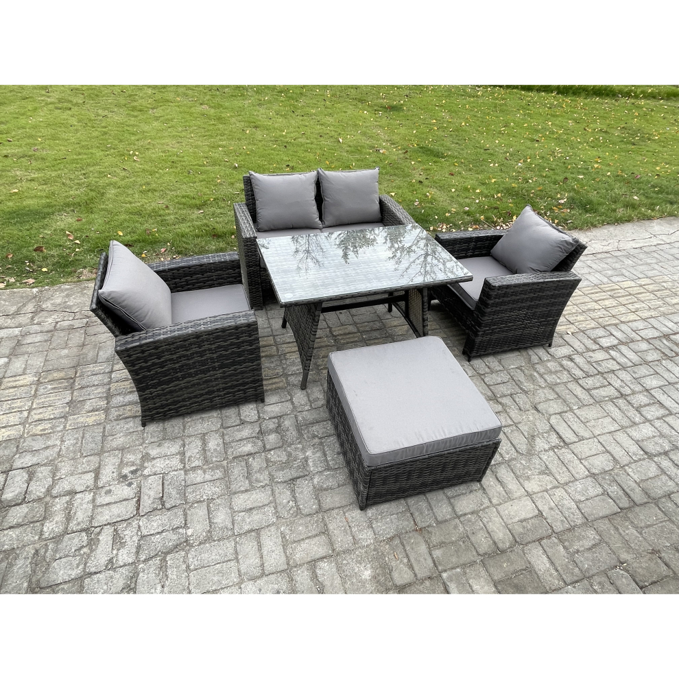 Fimous Outdoor Garden Furniture High Back Rattan Sofa Dining Table Set With Big Footstool Dark Grey Mixed