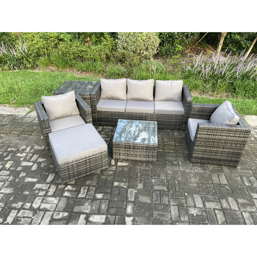 Fimous 6 Seater Outdoor Lounge Sofa Set Wicker PE Rattan Garden Furniture Set with Armchair Squar Coffee Table Footstool