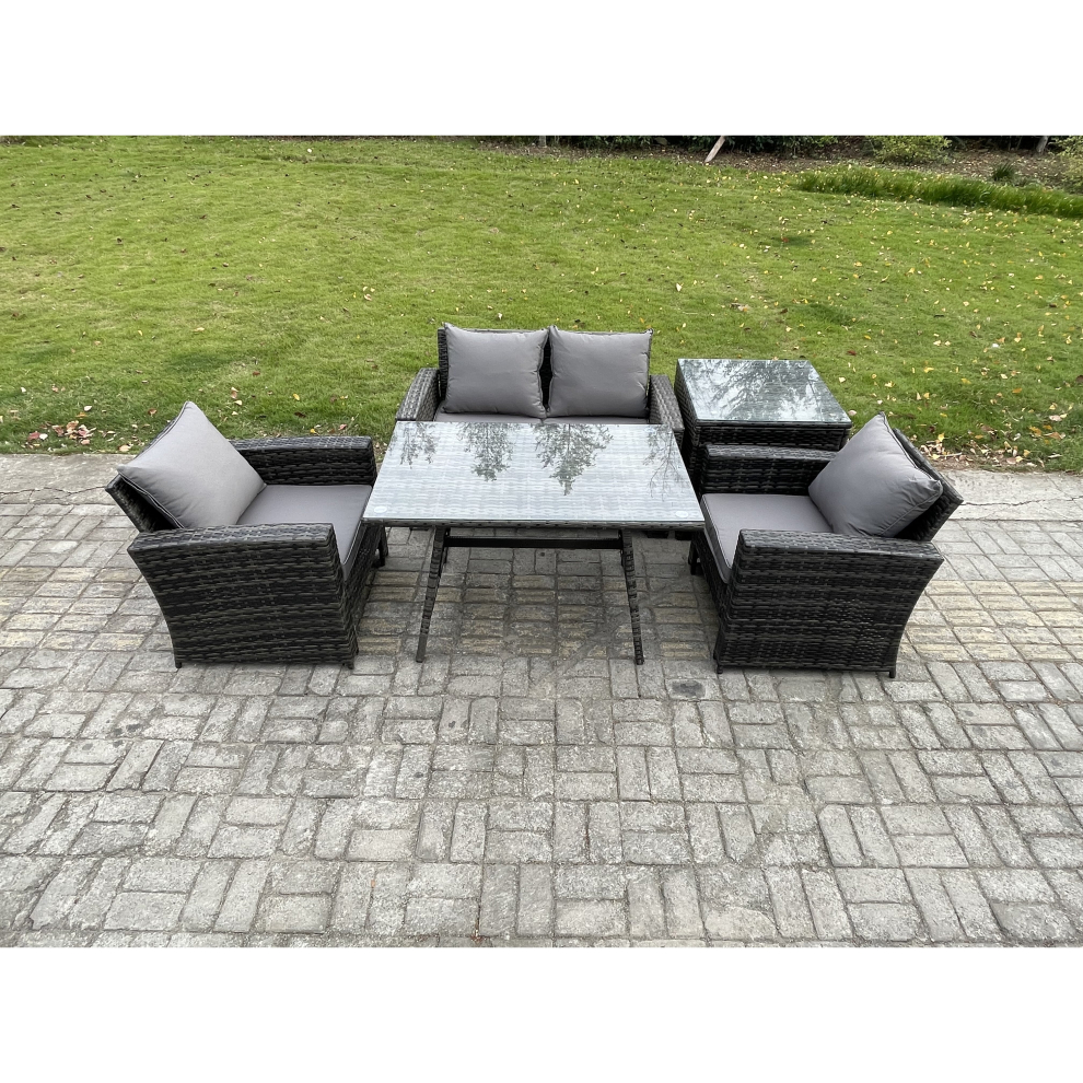 Fimous Outdoor Garden Furniture High Back Rattan Sofa Dining Table Set with Side Table Dark Grey Mixed